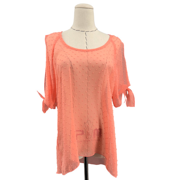 Ivy Jane Swiss Dot Sheer‎ Peach Blouse Cold Shoulder Bow Tied Womens Small - Picture 1 of 8
